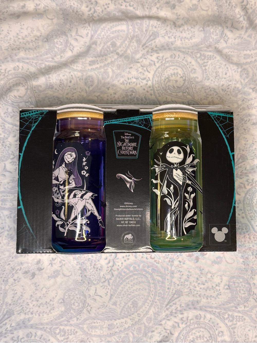 The Nightmare Before Christmas Jack & Sally Glasses, Glass Straws, Bamboo Lid